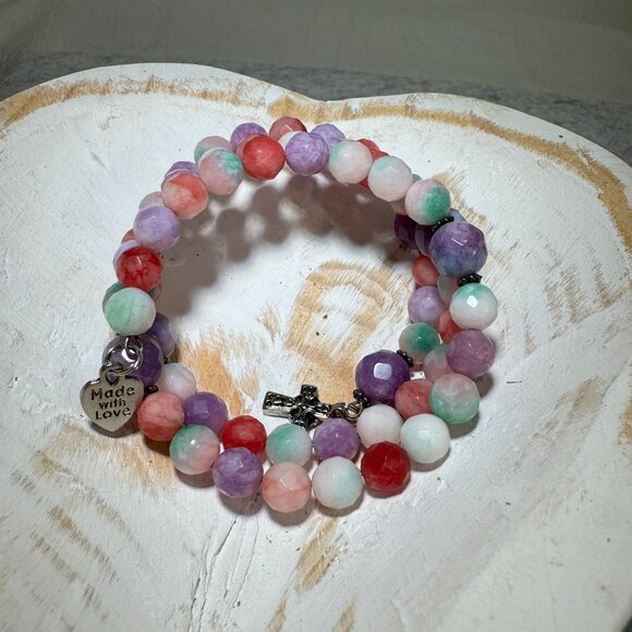 Handmade Candy Jade stones Rosary Wrap Beaded Bracelet With Cross & Heart Charms - Picture 7 of 8